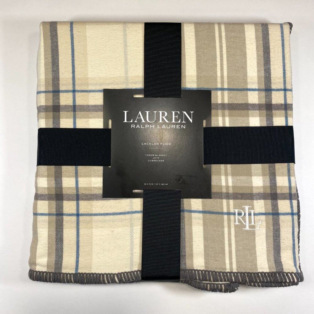 NWT Ralph Lauren Throw Blanket Cotton plaid Beige Tan Blue 54x72 in